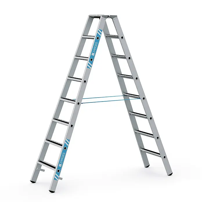 Zarges Stehleiter gebördelte Stufen-Stehleiter R13step-B eloxiert 2x8 Stufen - Anzahl Tritte: 8 Stk., Arbeitshöhe: 3.600 m, Aluminium - Silberfarbene Aluminium-Doppelstehleiter mit blauen Sicherungsgurten und schwarzen Anti-Rutsch-Sprossen.