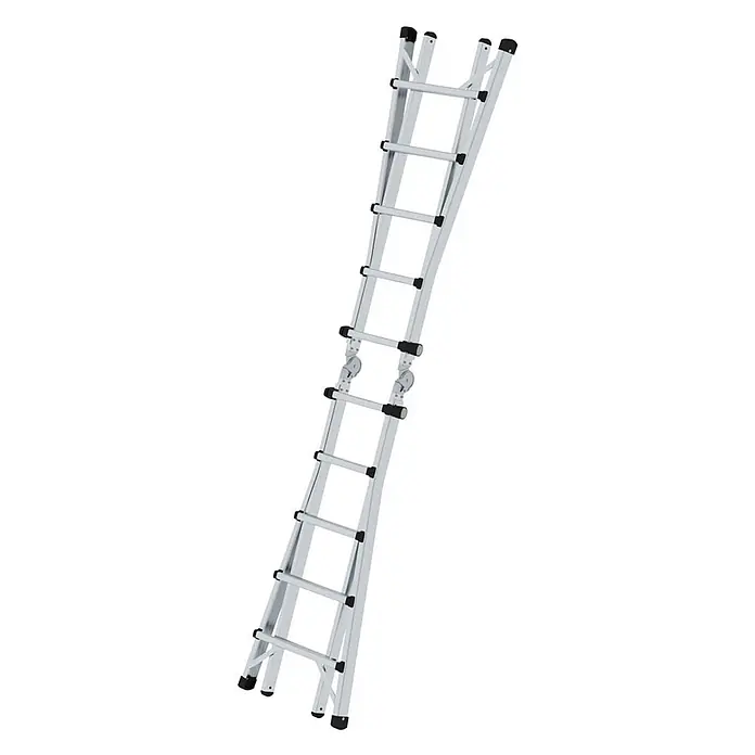 Munk Stehleiter Gelenk-Teleskopleiter 4x5 Sprossen - Anzahl Tritte: 5 Stk., Arbeitshöhe: 6.400 m, Aluminium - Silberfarbene, gelenkige Aluminium-Mehrzweckleiter mit schwarzen Scharnieren und rutschfesten Füßen.