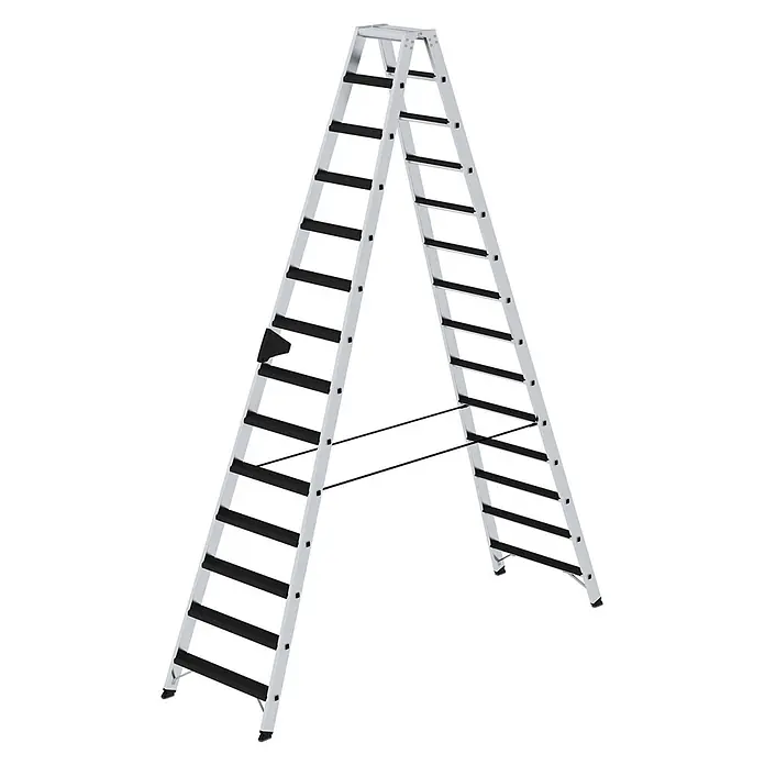 Munk Stehleiter Stehleiter beidseitig begehbar mit relax-step 2x14 Stufen - Anzahl Tritte: 6 Stk., Arbeitshöhe: 2.900 m, Aluminium - Silberne Aluminium-Klappleiter mit schwarzen Anti-Rutsch-Sprossen und Stützstreben.