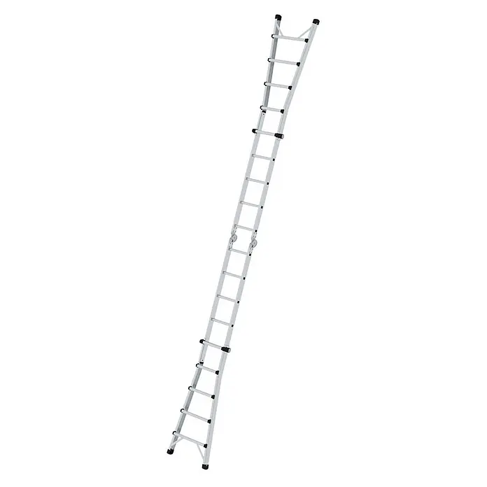 Munk Stehleiter Gelenk-Teleskopleiter 4x5 Sprossen - Anzahl Tritte: 5 Stk., Arbeitshöhe: 6.400 m, Aluminium - Eine hohe, silberne Aluminium-Anlegeleiter mit schwarzen Sprossen und Rollen, schräg nach oben.