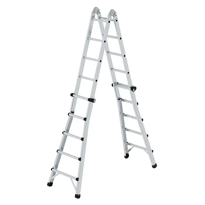 Munk Stehleiter Gelenk-Teleskopleiter 4x5 Sprossen - Anzahl Tritte: 5 Stk., Arbeitshöhe: 6.400 m, Aluminium - Silberne Aluminium-Mehrzweckleiter in A-Rahmen-Konfiguration mit verstellbaren Abschnitten und rutschfesten Füßen.
