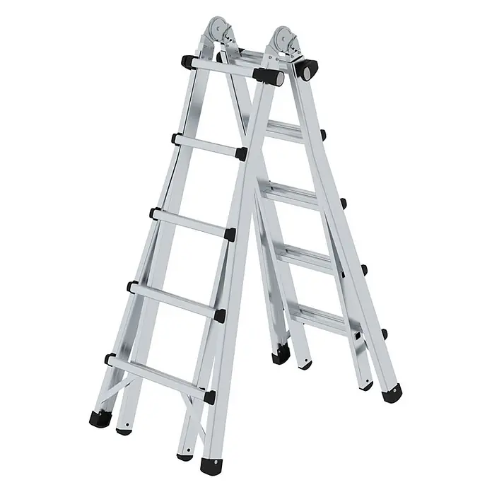 Munk Stehleiter Gelenk-Teleskopleiter 4x5 Sprossen - Anzahl Tritte: 5 Stk., Arbeitshöhe: 6.400 m, Aluminium - Silberne Aluminium-Gelenkleiter mit schwarzen Akzenten, als Stehleiter aufgestellt.
