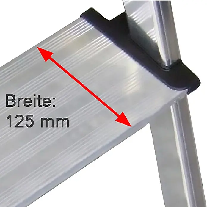 Euroline Stehleiter 20578 Klapptritt 2x3 Stufen - Anzahl Tritte: 3 Stk., Arbeitshöhe: 2.650 m, Aluminium - Silberne Aluminium-Leiterstufe mit geriffelter Oberfläche, zeigt eine Breite von 125 mm.