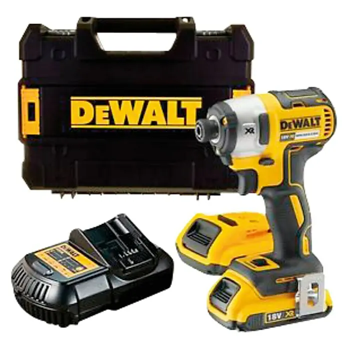 DeWalt XR 18V Taladro atornillador percutor de batería DCF887D2 - 18 V, 2 baterías, 2 Ah, 205 Nm - Un juego de atornillador de impacto inalámbrico DeWalt con accesorios. Incluye estuche, cargador y dos baterías XR de 18V para uso profesional.
