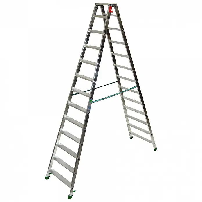Facal Stehleiter Stufenstehleiter DUPLA S600 13 Stufen - Anzahl Tritte: 13 Stk., Arbeitshöhe: 3.970 m, Aluminium - Aluminium-Klappleiter in A-Form mit grünen Füßen und rotem Scharnier.