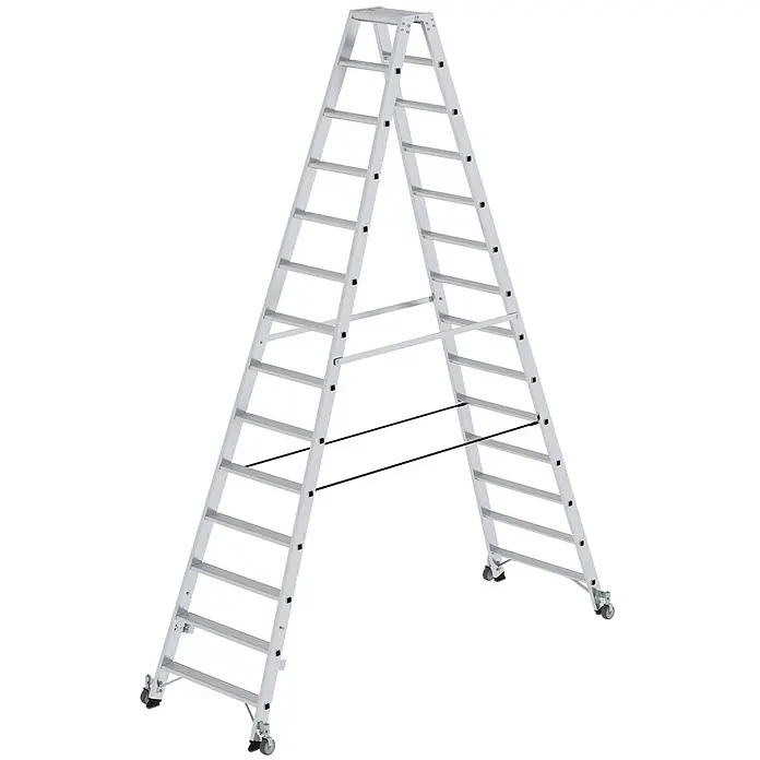 Munk Stehleiter Stehleiter beidseitig begehbar mit Rollen 2x14 Stufen - Anzahl Tritte: 14 Stk., Arbeitshöhe: 5.000 m, Aluminium - Silberne Aluminium-A-Leiter mit Rollen und schwarzen Stabilisierungsstangen.