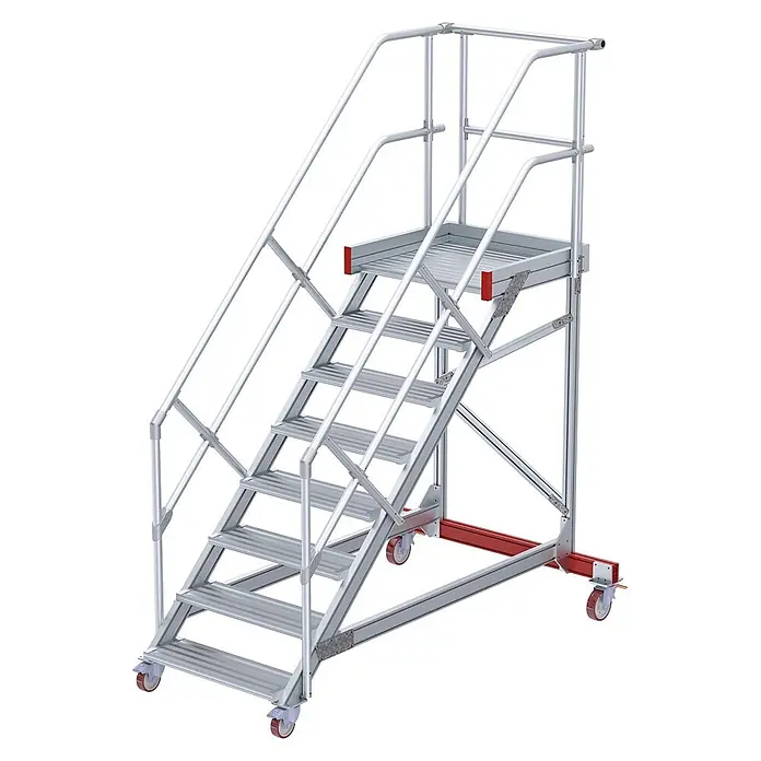 Euroline Stehleiter 513 Wartungsbühne 45° 800mm Stufenbreite 8 Stufen Alu gerieft - Anzahl Tritte: 8 Stk., Aluminium - Mobile Aluminium-Zugangsplattform mit Sicherheitsgeländern, rutschfesten Stufen und feststellbaren Rollen für erhöhte Arbeiten.