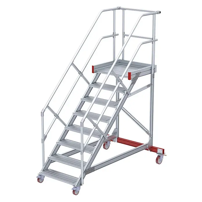 Euroline Stehleiter 513 Wartungsbühne 45° 600mm Stufenbreite 8 Stufen Alu gerieft - Anzahl Tritte: 8 Stk., Aluminium - Mobile Aluminium-Arbeitsplattform mit Treppe, Handläufen und Rollen, mit roten Akzenten.