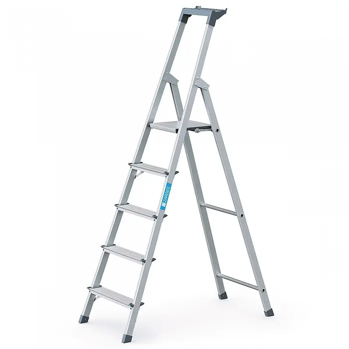 Zarges Stehleiter genietete Stehleiter eloxiert Scana S 5 Stufen - Anzahl Tritte: 5 Stk., Arbeitshöhe: 3.000 m, Aluminium - Silberne Aluminium-Stehleiter mit mehreren Stufen und einer oberen Ablage, ausgestattet mit rutschfesten Füßen.