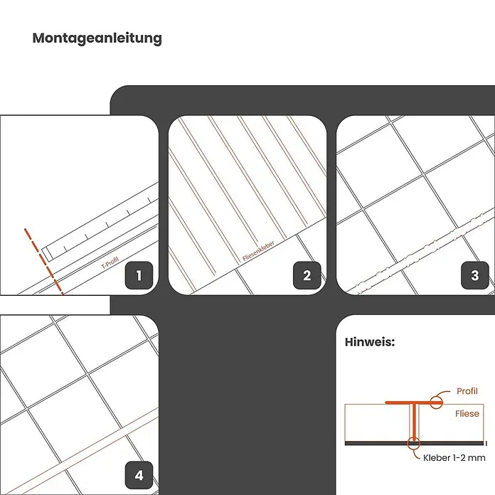 Dalsys T-Profil 2,5m Fliesenschiene 25mm Poliert - Edelstahl, Silber - Montageanleitung für ein T-Profil Fliesenübergangsprofil. Schritte zeigen das Anbringen von Fliesenkleber und das Einsetzen des Profils zwischen Fliesen.