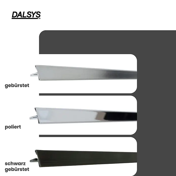 Dalsys T-Profil 2,5m Fliesenschiene 25mm Poliert - Edelstahl, Silber - Drei Metall-Abschlussprofile: gebürstetes Silber, poliertes Silber und schwarz gebürstet.