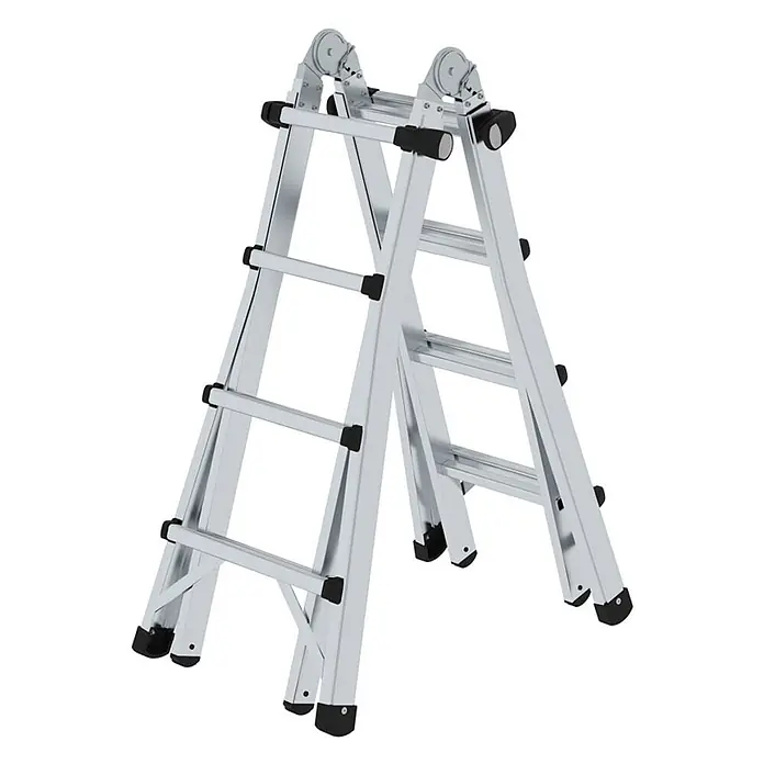 Munk Stehleiter Gelenk-Teleskopleiter 4x4 Sprossen - Anzahl Tritte: 4 Stk., Arbeitshöhe: 5.300 m, Aluminium - Silberne Aluminium-Gelenkleiter, als Stehleiter aufgestellt.