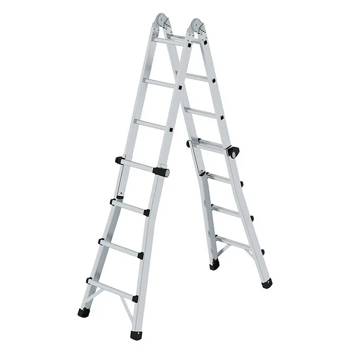 Munk Stehleiter Gelenk-Teleskopleiter 4x4 Sprossen - Anzahl Tritte: 4 Stk., Arbeitshöhe: 5.300 m, Aluminium - Silberne Aluminium-Gelenkleiter in A-Form mit schwarzen Kunststoffscharnieren und Füßen.