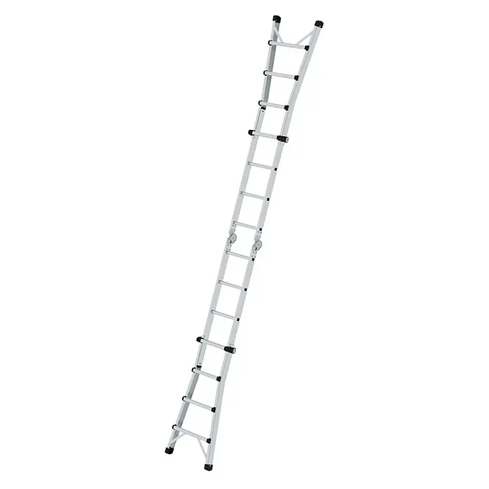 Munk Stehleiter Gelenk-Teleskopleiter 4x4 Sprossen - Anzahl Tritte: 4 Stk., Arbeitshöhe: 5.300 m, Aluminium - Silberne Aluminium-Anlegeleiter mit schwarzen Füßen und Sprossenkappen. Verstellbares Oberteil mit Rollen zur einfachen Verlängerung.