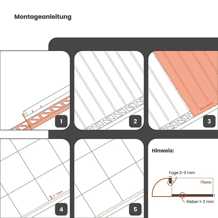Dalsys Fliesenprofil 5x Fliesenschiene 2,5m x 8mm Winkelprofil Aluminium Schwarz - Aluminium, Schwarz, 250 x 8 cm - Montageanleitung für ein Fliesenprofil, zeigt Schritte für Kleberauftrag und Fliesenverlegung mit Fugen- und Kleberdickenangaben.