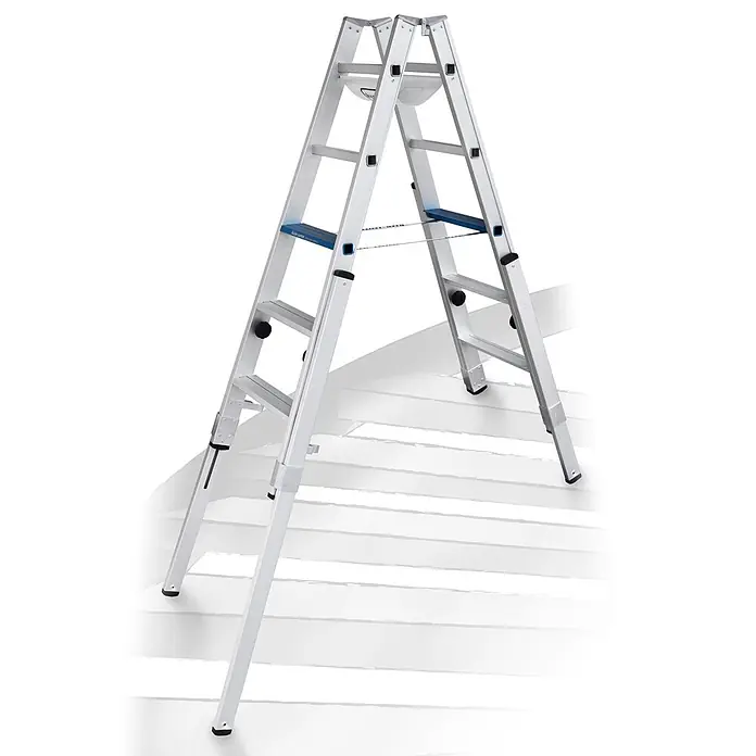 Iller Leiter Stehleiter Treppenhaus Multilift Ergo Plus eloxiert 2x5 Stufen - Anzahl Tritte: 5 Stk., Arbeitshöhe: 2.800 m, Aluminium - Silberne Aluminium-Mehrzweckleiter mit blauen Stufen, verstellbar für den Einsatz auf Treppen.