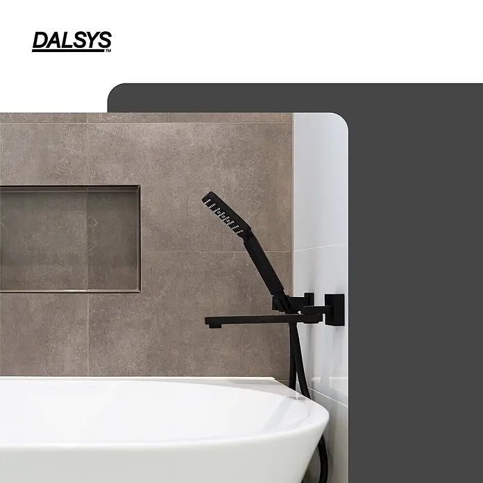 Dalsys Fliesenprofil 2,5m Fliesenschiene 8mm Eckprofil Aluminium Schwarz - Aluminium, Schwarz, 250 x 8 cm - Schwarzes, mattes Dusch- und Wannenarmaturenset mit Handbrause über freistehender Wanne.