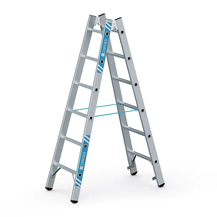 Zarges Stehleiter Sprossenstehleiter Coni B 2x6 Sprossen - Anzahl Tritte: 6 Stk., Arbeitshöhe: 3.000 m, Aluminium - Silberne Aluminium-Stehleiter mit blauen Stabilisierungsbändern.