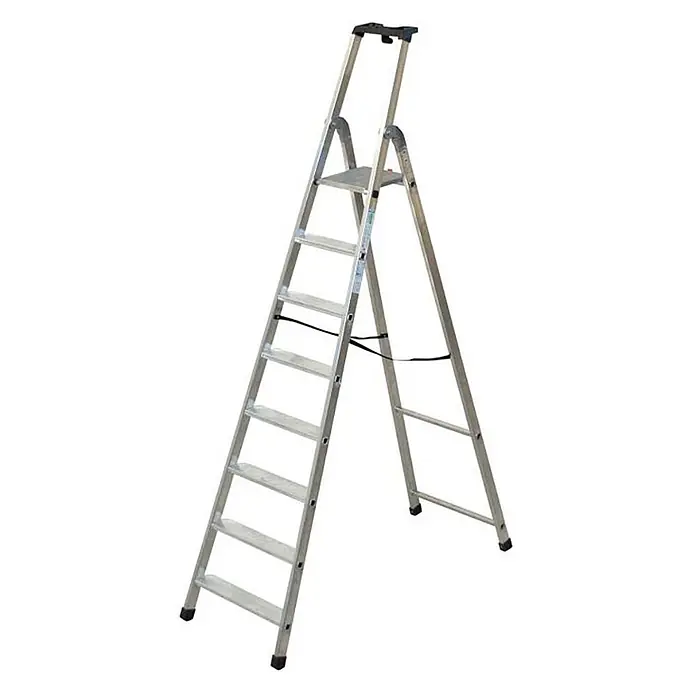 Facal Stehleiter Stufenstehleiter QUADRA S300 Aluminium 8 Stufen - Anzahl Tritte: 8 Stk., Arbeitshöhe: 3.625 m, Aluminium - Silberne Aluminium-Klappleiter mit mehreren Stufen und einer oberen Plattform.