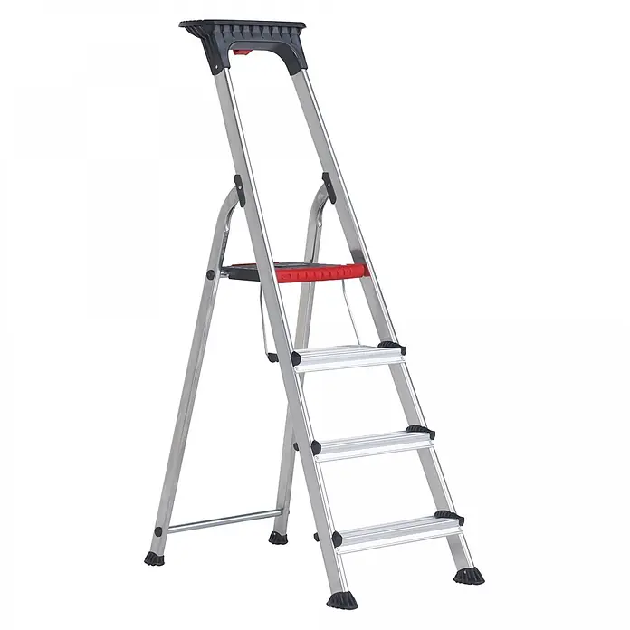 Altrex Stehleiter Double Decker Haushalts-Stufenleiter 4 Stufen - Anzahl Tritte: 4 Stk., Arbeitshöhe: 2.850 m, Aluminium - Silberne Aluminium-Klappleiter mit drei Stufen, schwarzer Plattform und roten Akzenten an Scharnieren und Griff.