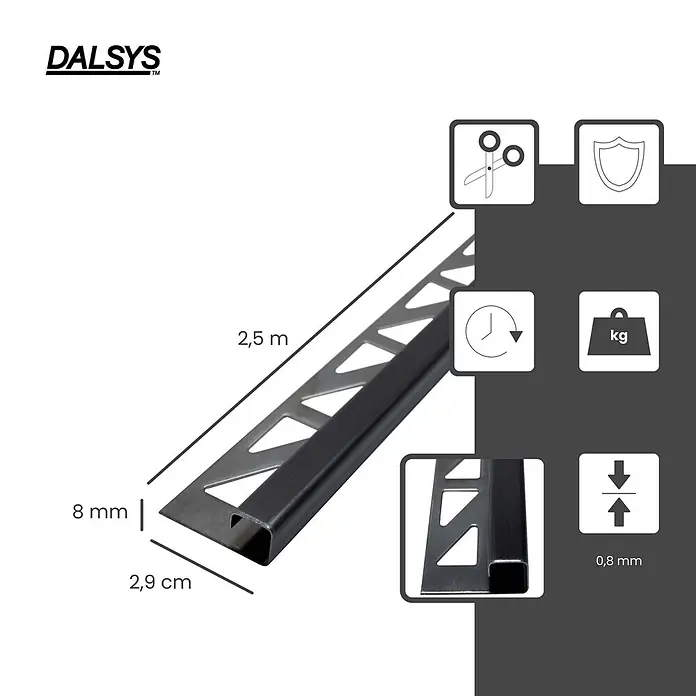 Dalsys Quadroprofil 2,5m Fliesenschiene 8mm Eckprofil Quadrat Edelstahl Schwarz - Edelstahl, Schwarz - Dunkelgraues Metall-Fliesenabschlussprofil, 2,5m lang, 8mm hoch, mit Lochsteg für Fliesenverlegung.