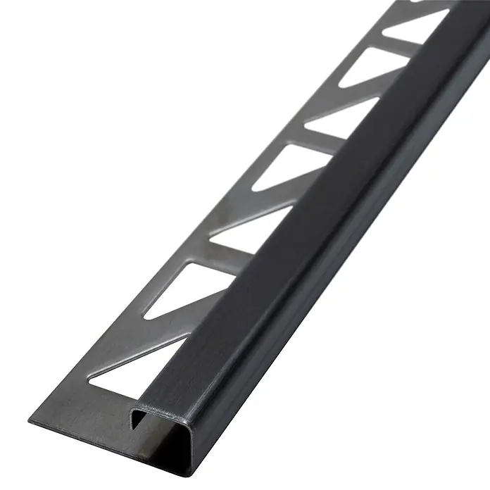 Dalsys Quadroprofil 2,5m Fliesenschiene 12,5mm Eckprofil Quadrat Edelstahl Schwarz - Edelstahl, Schwarz, 1,2 cm - Dunkelgraues Metall-Fliesenprofil mit dreieckig perforiertem Befestigungssteg.