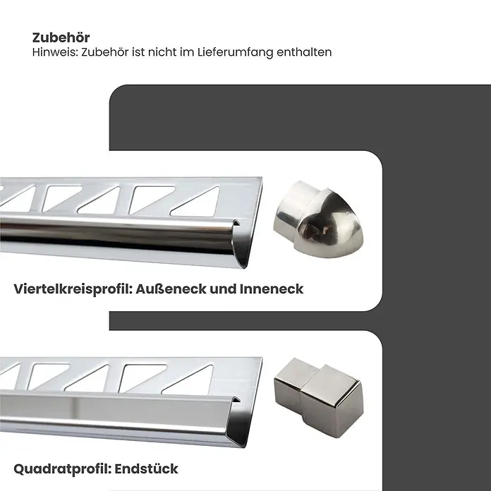 Dalsys Viertelkreis-Profil 2,5m Fliesenschiene 8mm Viertelkreis Edelstahl Poliert - Edelstahl, Silber - Metallprofile für Fliesen: Viertelkreisprofil mit Eckstücken und Quadratprofil mit Endstück.