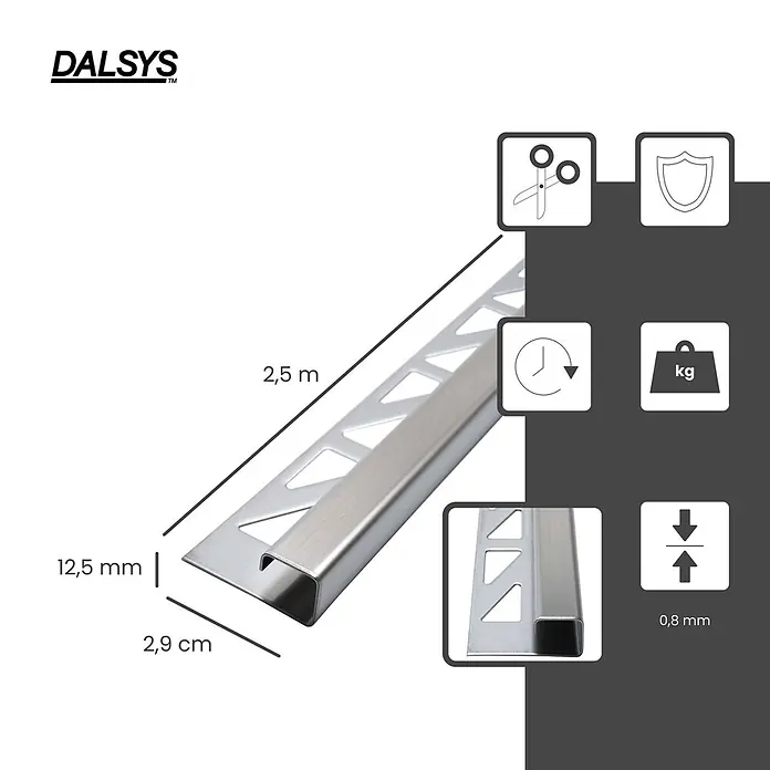 Dalsys Quadroprofil 2,5m Fliesenschiene 12,5mm Eckprofil Quadrat Edelstahl Gebürstet - Edelstahl, Silber - Gebürstetes Metallfliesenprofil mit gelochtem Ankersteg, 2,5m lang und 12,5mm hoch.