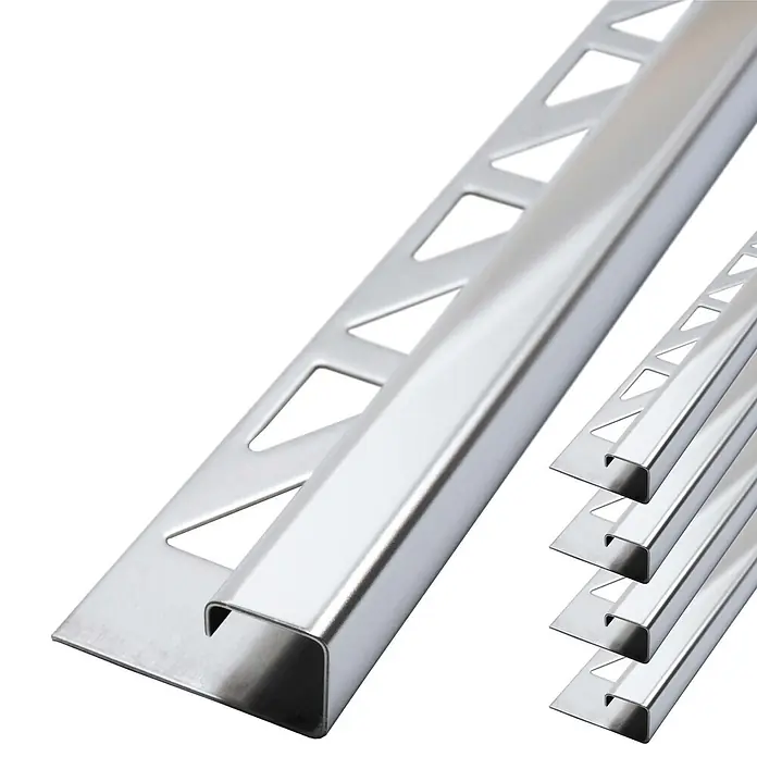 Dalsys Quadroprofil 5x Fliesenschiene 2,5m x 12,5mm Eckprofil Quadrat Edelstahl Poliert - Edelstahl, Silber - Glänzende silberne Metall-U-Profil-Fliesenleiste mit perforiertem Schenkel zur Kantenbearbeitung.