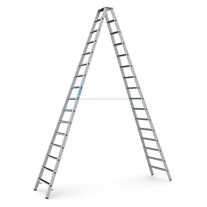 Zarges Stehleiter gebördelte Stufen-Stehleiter R13step-B eloxiert 2x16 Stufen - Anzahl Tritte: 16 Stk., Arbeitshöhe: 5.700 m, Aluminium - Silberne ZARGES Stehleiter mit blauer Stabilisierungsstange.