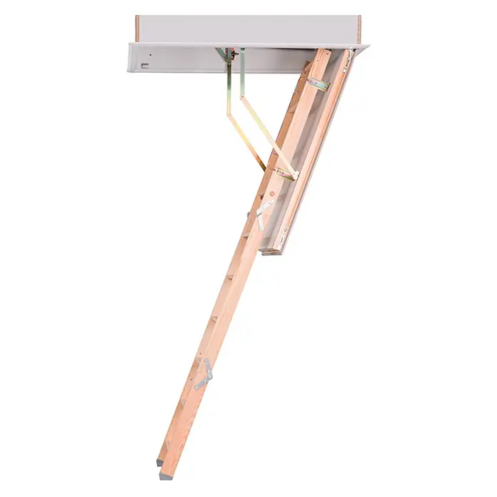 Roto Bodentreppe Bodentreppe Quadro 3 bis 288cm Raumhöhe 130x70cm Rohbaumaß -  - Ausgeklappte Dachbodentreppe aus Holz mit Metallscharnieren, an Deckenrahmen befestigt.
