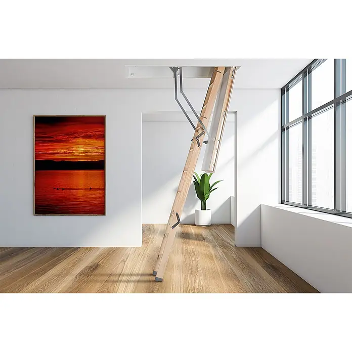 Roto Bodentreppe Bodentreppe Designo bis 280cm Raumhöhe 120x60cm Rohbaumaß -  - Ausgeklappte Holzbodentreppe bietet einfachen Zugang zum Dachboden.