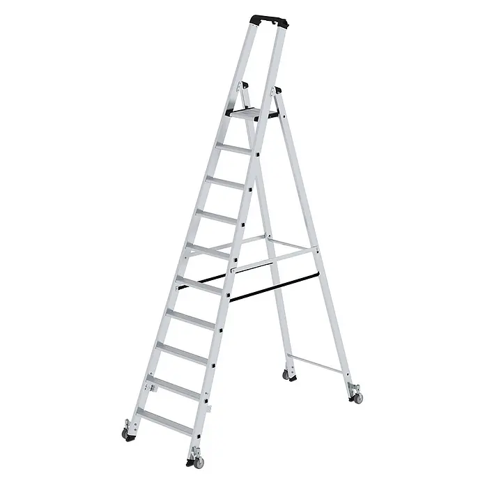 Munk Stehleiter Stehleiter einseitig begehbar mit Rollen 10 Stufen - Anzahl Tritte: 10 Stk., Arbeitshöhe: 4.350 m, Aluminium - Silberne Aluminium-Stehleiter mit Stufen und Rollen für einfache Mobilität.