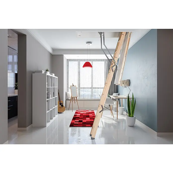 Roto Bodentreppe Bodentreppe Designo bis 280cm Raumhöhe 120x60cm Rohbaumaß -  - Hölzerne Bodentreppe, aus der Decke in einen hellen, modernen Raum ausgefahren.
