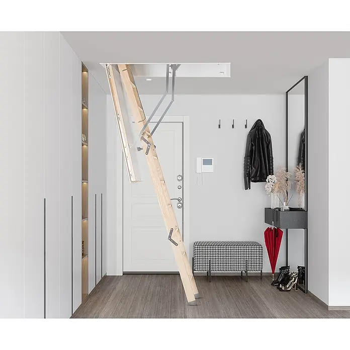Roto Bodentreppe Bodentreppe Designo bis 280cm Raumhöhe 120x60cm Rohbaumaß -  - Holz-Dachbodenleiter, aus der Decke in einem modernen Flur ausgefahren, einsatzbereit.