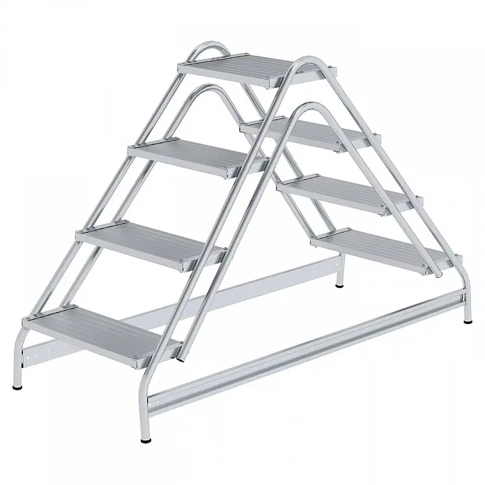 Munk Stehleiter Aluminium Arbeitspodest 2x4 Stufen - Anzahl Tritte: 4 Stk., Arbeitshöhe: 3.000 m, Aluminium - Silberne Aluminium-Doppelseitentreppe mit Stufen und Handläufen für sicheren Zugang.