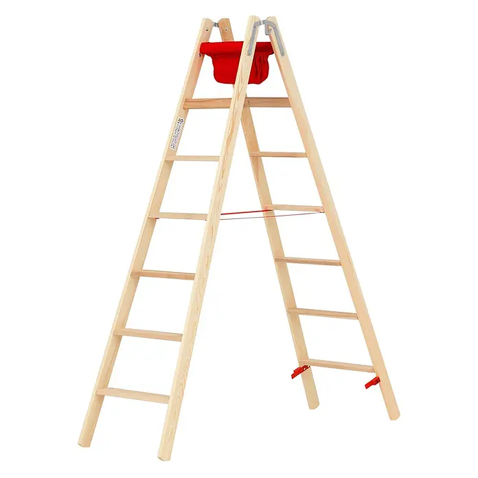 Hymer Stehleiter Holz Stufenstehleiter mit Textiltasche 2x7 Stufen - Anzahl Tritte: 7 Stk., Arbeitshöhe: 3.400 m, Holz - Hölzerne Kletterleiter für Kinder im A-Rahmen mit roter Stoffhängematte und rotem Sicherheitsseil.