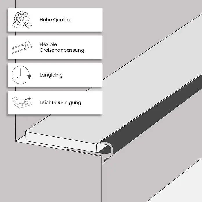 Dalsys Treppenkantenprofil 2,5m x 10mm für Fliesen Silber - Aluminium, Silber - Dunkelgraues, flexibles Kantenprofil auf heller Oberfläche installiert, hebt Eigenschaften wie Qualität, Größenanpassung, Langlebigkeit und leichte Reinigung hervor.