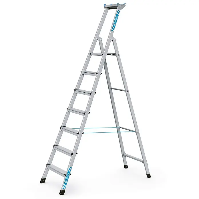 Zarges Stehleiter genietete Stehleiter, eloxiert XLstep S 7 Stufen - Anzahl Tritte: 7 Stk., Arbeitshöhe: 3.750 m, Aluminium - Silberne ZARGES Aluminium-Stehleiter mit flachen Stufen und blauen Spreizsicherungsbändern.