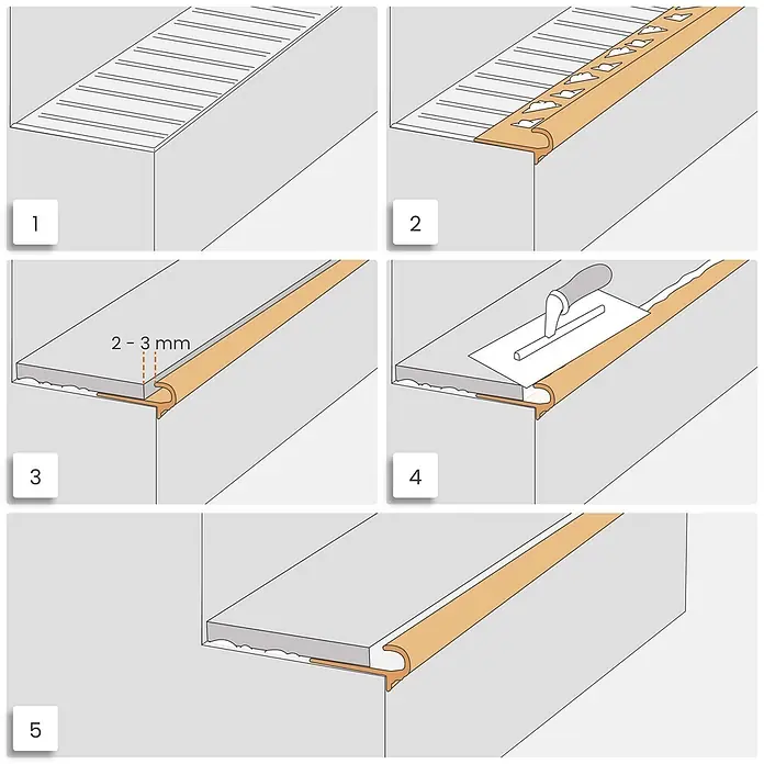 Dalsys Treppenkantenprofil 2,5m x 10mm für Fliesen Silber - Aluminium, Silber - Installationsschritte für ein goldenes Treppenkantenprofil, zeigt Kleberauftrag und präzise Platzierung auf einer Stufe.