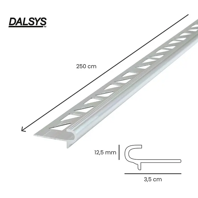 Dalsys Treppenkantenprofil 2,5m x 12,5mm für Fliesen Silber - Aluminium, Silber - Metallisches, silberfarbenes DALSYS Treppenkantenprofil, 250 cm lang, 12,5 mm hoch und 3,5 cm tief.