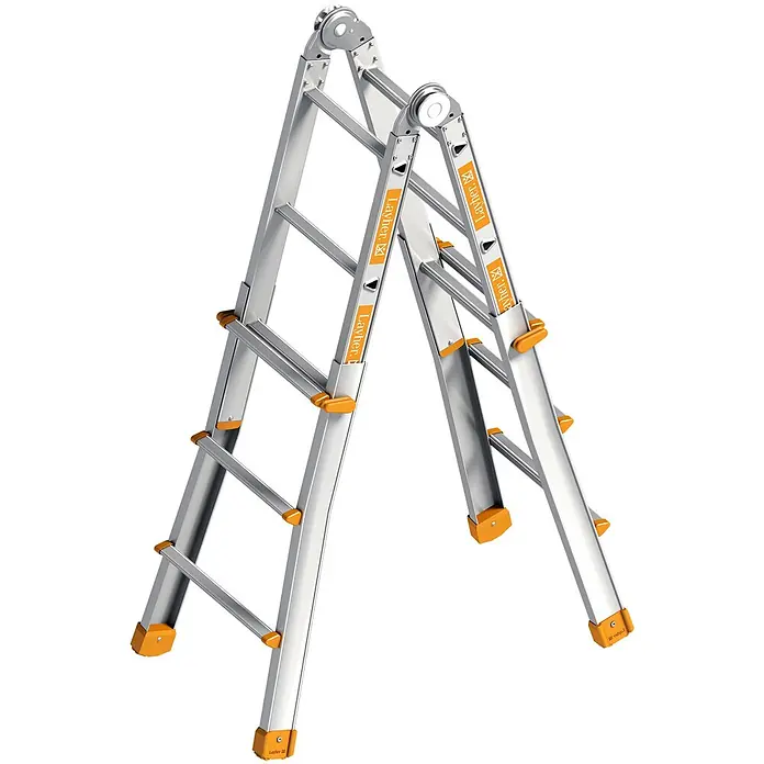 Layher Teleskopleiter Topic 1058 Teleskopleiter 4x3 Sprossen - Anzahl Tritte: 3 Stk., Arbeitshöhe: 3.850 m, Aluminium - Silberne Gelenk-Mehrzweckleiter mit orangefarbenen Scharnieren und Fußkappen, als A-Leiter aufgestellt.
