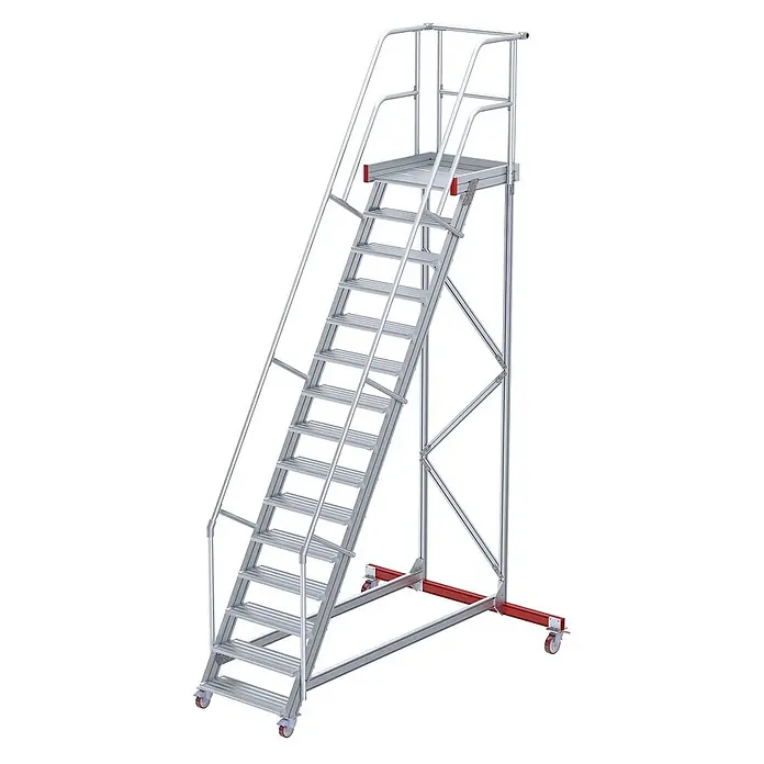 Euroline Stehleiter 513 Wartungsbühne 60° 800mm Stufenbreite 15 Stufen Alu gerieft - Anzahl Tritte: 15 Stk., Aluminium - Mobile Aluminium-Arbeitsplattform mit Treppe, Handläufen und Rollen. Verfügt über eine rote Basis.