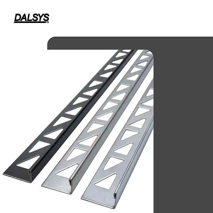 Dalsys Fliesenprofil 2,5m L-Profil Fliesenschiene10mm Winkelprofil Edelstahl Schwarz - Edelstahl, Schwarz, 250 x 1 cm - Drei Metallfliesenprofile in Schwarz und Silber mit dreieckigen Perforationen für sicheren Fliesenkleber.