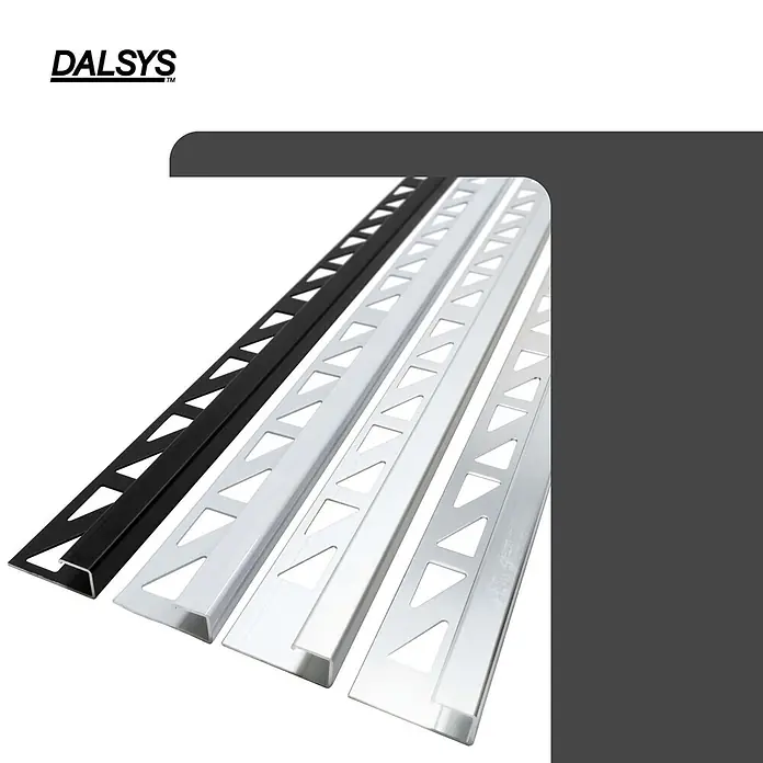 Dalsys Fliesenprofil 2,5m Fliesenschiene 8mm Eckprofil Aluminium Schwarz - Aluminium, Schwarz, 250 x 8 cm - Vier L-förmige Fliesenschienen: eine schwarz, drei silber, alle mit perforierten Flanschen mit dreieckigen Aussparungen.