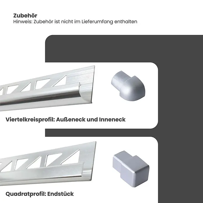 Dalsys Viertelkreis-Profil 5x Fliesenschiene 2,5m x 10mm Aluminium Silber - Aluminium, Silber - Silberne, metallische Viertelkreis- und Quadratprofil-Fliesenleisten mit passenden Eck- und Endstücken.