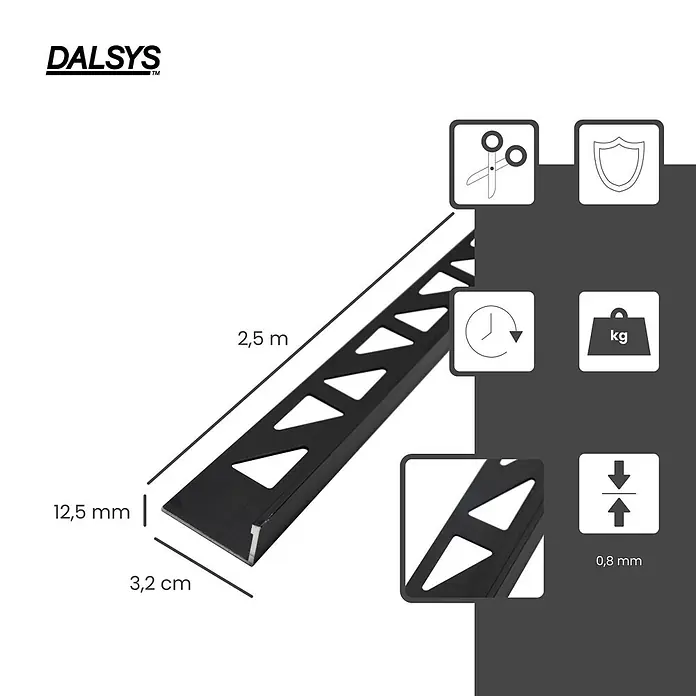 Dalsys Fliesenprofil 2,5m Fliesenschiene 12,5mm Winkelprofil Aluminium Schwarz - Aluminium, Schwarz, 250 x 12 cm - Schwarzes Metallfliesenprofil mit dreieckigen Aussparungen, 2,5m x 12,5mm x 3,2cm, zum Fliesenabschluss.