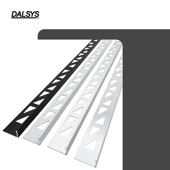 Dalsys Fliesenprofil 5x Fliesenschiene 2,5m x 8mm Winkelprofil Aluminium Schwarz - Aluminium, Schwarz, 250 x 8 cm - Vier Metallfliesenprofile, ein schwarzes und drei silberne, mit dreieckigen Perforationen am vertikalen Schenkel.