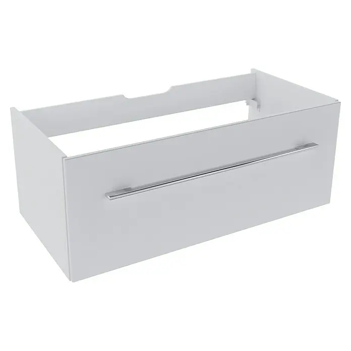 Camargue Stella Badmöbel-Set G11W21 - Gesamtbreite Badmöbel: 100 cm, Weiß, Hochglänzend, 3 -tlg. - Ein weißer Waschbeckenunterschrank mit einem langen, silbernen Griff, der eine moderne Badezimmerlösung bietet.