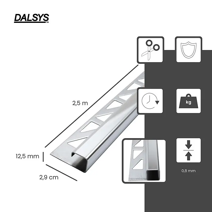 Dalsys Quadroprofil 2,5m Fliesenschiene 12,5mm Eckprofil Quadrat Edelstahl Poliert - Edelstahl, Silber - Silberne Metall-Fliesenleiste, 2,5m lang, 12,5mm hoch, 0,8mm dick, für Fliesenkanten.